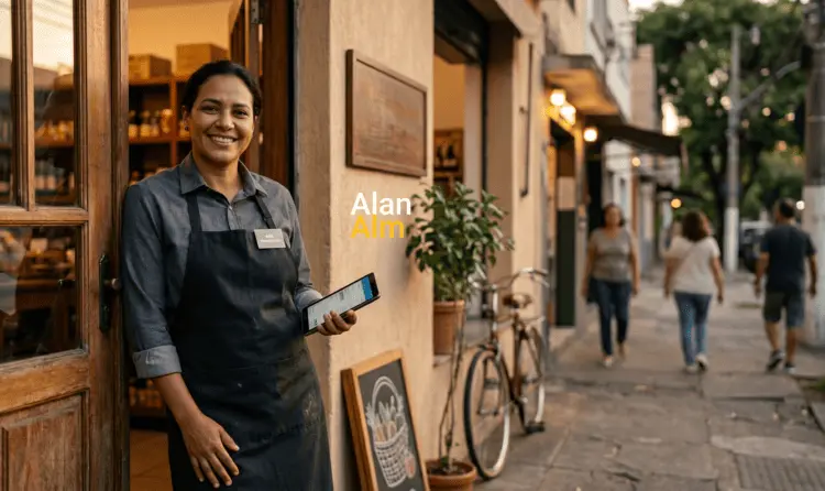 Mulher sorridente usando avental preto e segurando um dispositivo eletrônico na porta de um comércio de rua, exemplificando a gestão de um negócio local.