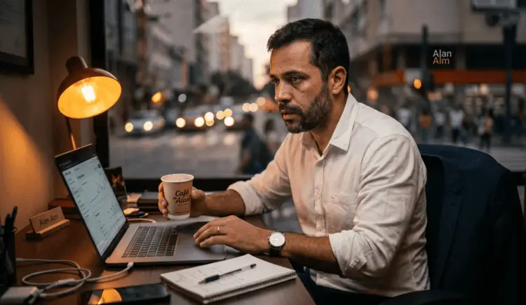 Homem concentrado analisando gráficos de desempenho em um laptop durante a noite, com luz de luminária e café na mesa, representando a gestão de tráfego pago.